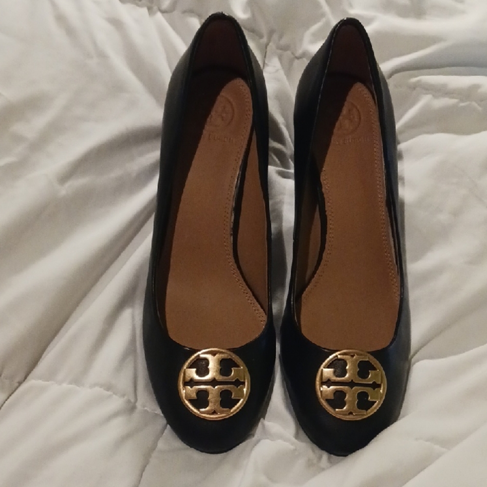 Tory Burch Black Heels with Gold Logo